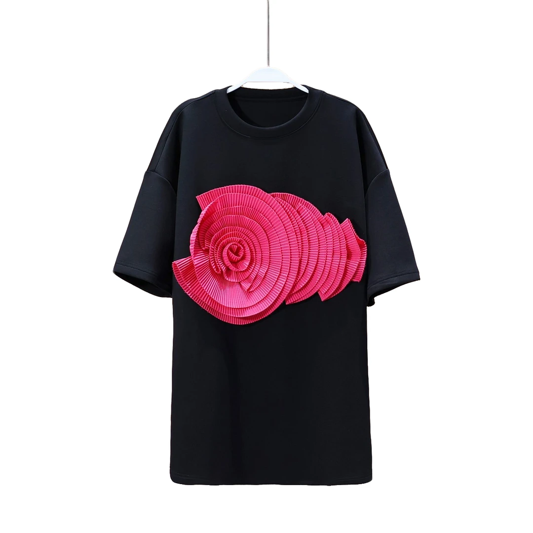 【程二定制】设计师款午夜黑蕾丝立体盘花圆领短袖大版T恤6557A