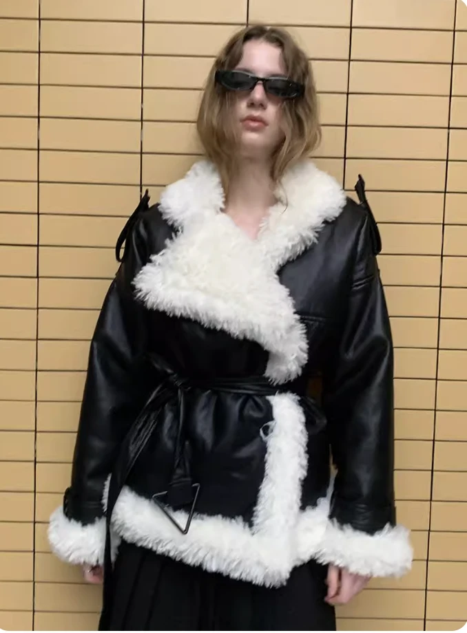 制造后花园*hibernation系列 黑色皮衣外套夹克女皮毛一体机车服