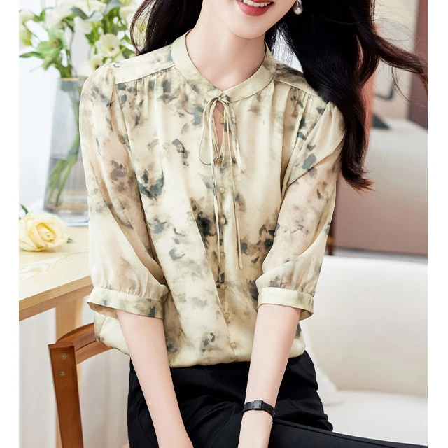 真丝桑蚕丝弹力缎中袖衬衫女2025夏装时尚显瘦款圆领印花复古上衣