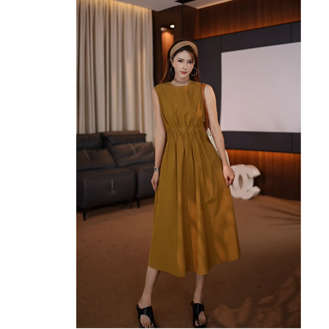 2025夏季新款韩系气质褶皱收腰无袖连衣裙休闲宽松BN28015