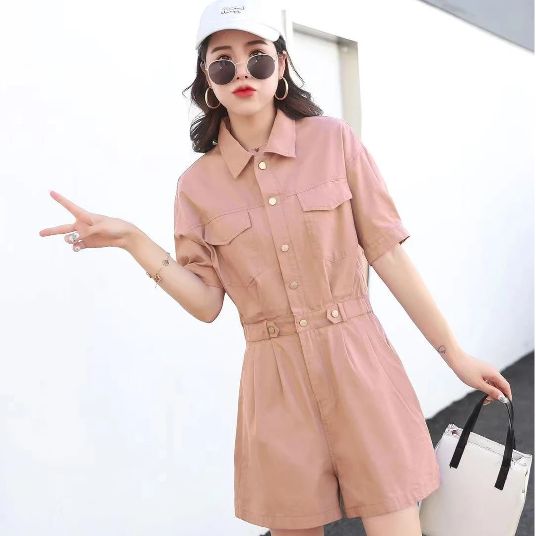 9019【衣长76】显白牛仔工装连体裤女夏季polo领减龄高级宽松短裤