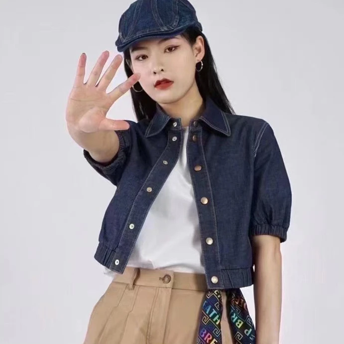 职业阿玛诗官2025春秋新款泡泡袖短款短袖薄款牛仔衬衫女1300847