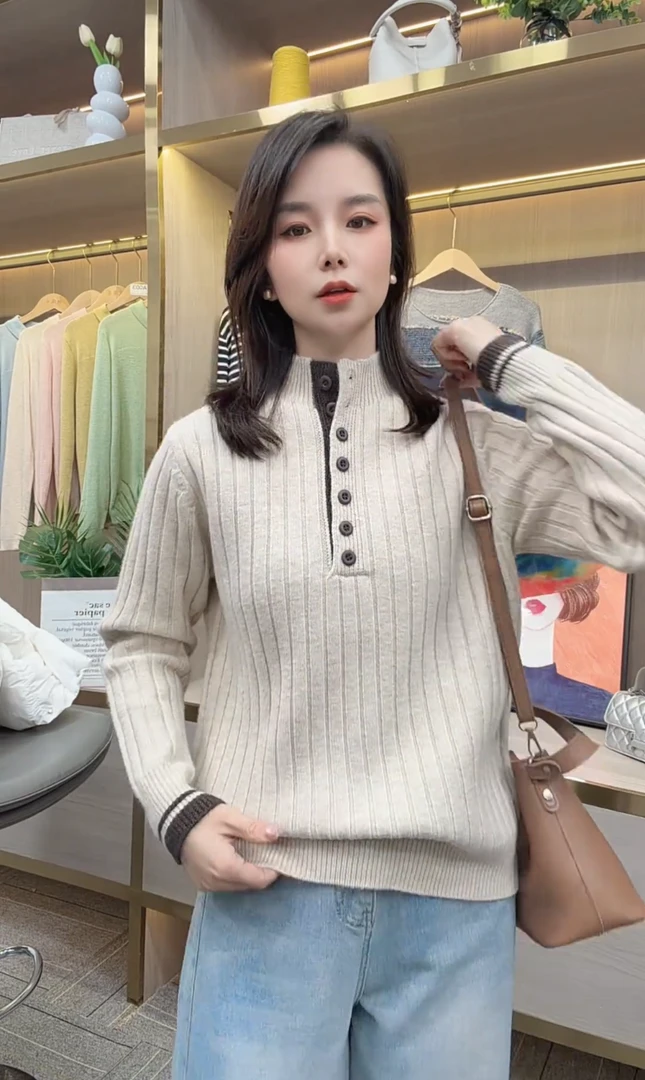 欧货2026早春新款时髦日常简约显瘦百搭纽扣立领半开领长袖针织衫