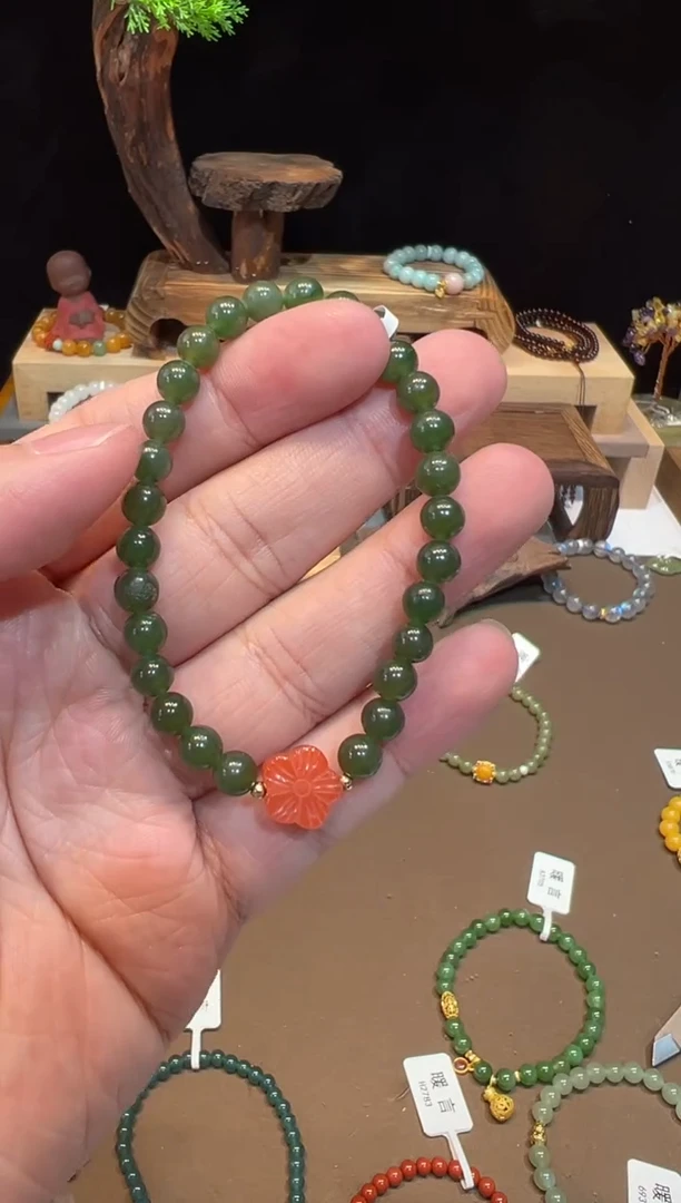天然单圈和田玉手串6mm搭配小花配饰手链A2904多样性发一