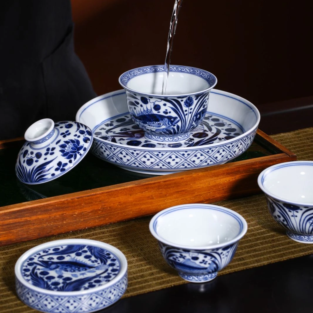 七丞堂景德镇元青花侘寂风鱼藻纹功夫茶具手工高温瓷五件套礼盒