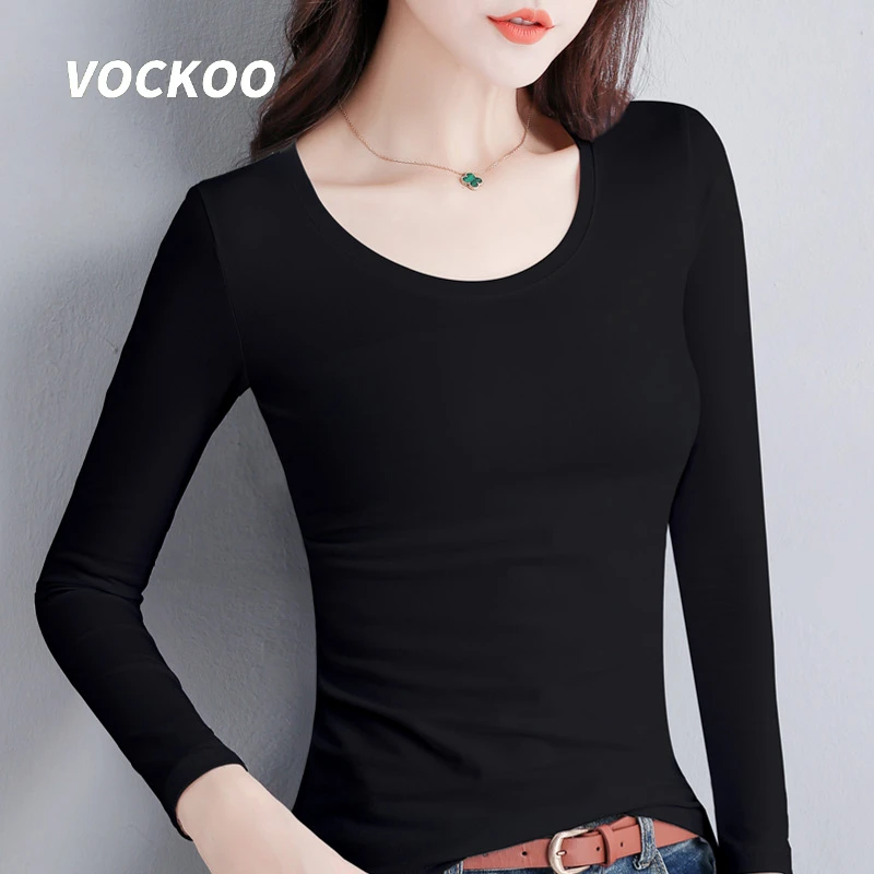 VOCKOO棉质黑色打底衫女长袖内搭2024新款春秋冬装百搭修身薄款t