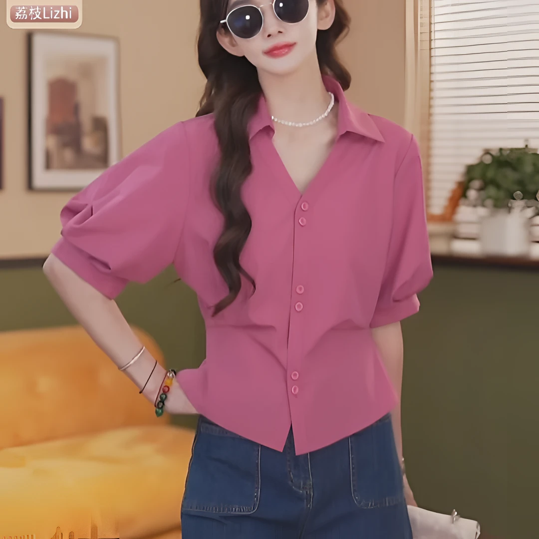 显瘦小蛮腰衬衣女纯色上衣夏季复古法式小众设计感892