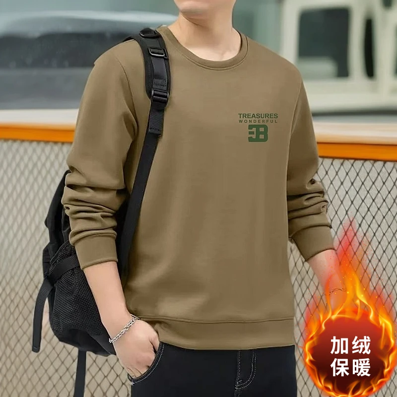 2025秋冬加绒男士日常韩版潮流打底保暖长袖圆领套头卫衣休闲潮牌