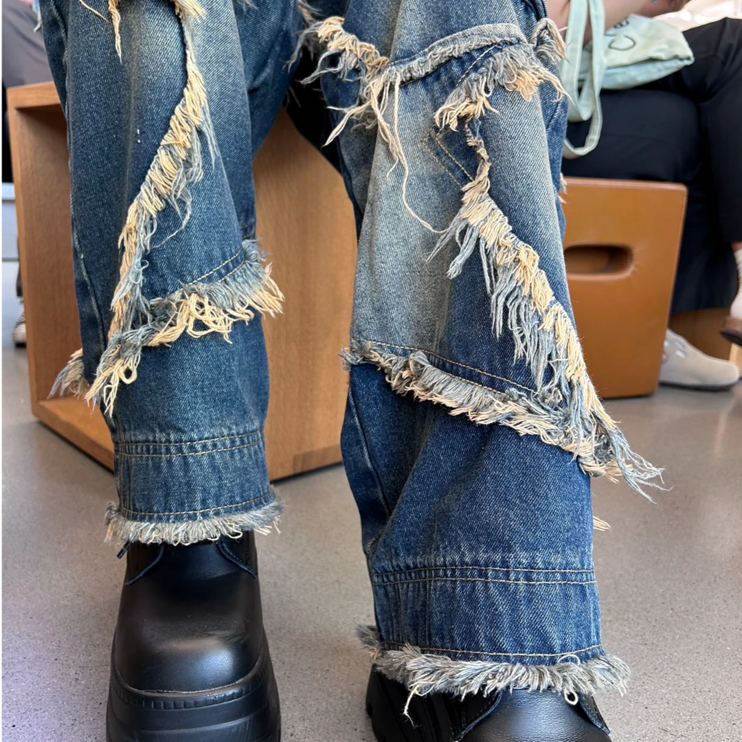 OOTD | 裤子新品-牛仔拼接五角星潮流美式复古高街水洗直筒拖地感