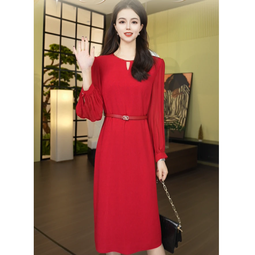 乔万尼特别定制连衣裙早秋新款长袖喜宴喜妈妈红色长裙ED1E906101