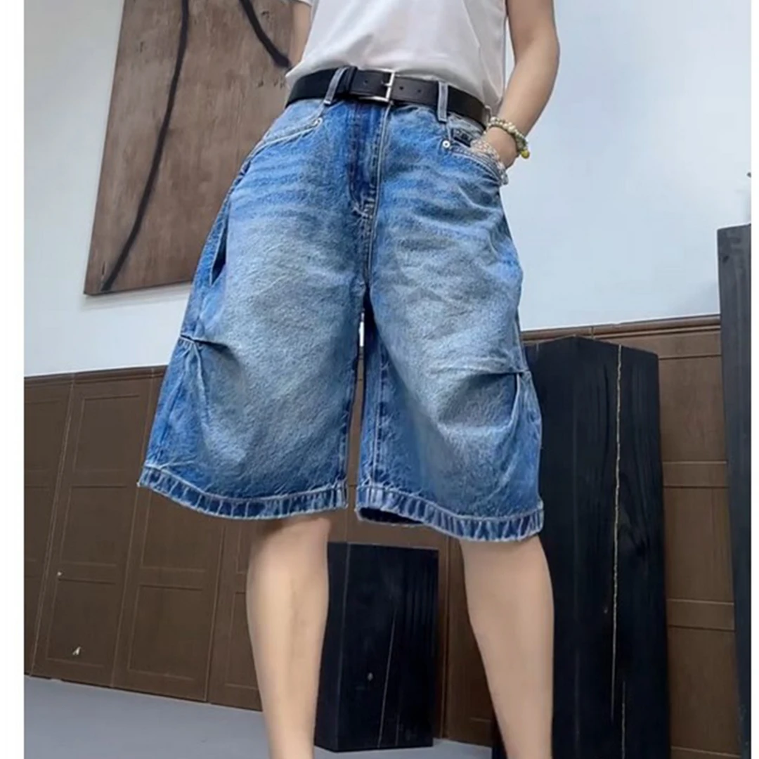 大码复古褶皱阔腿牛仔短裤女夏薄款胖mm梨形显瘦宽松五分直筒中裤