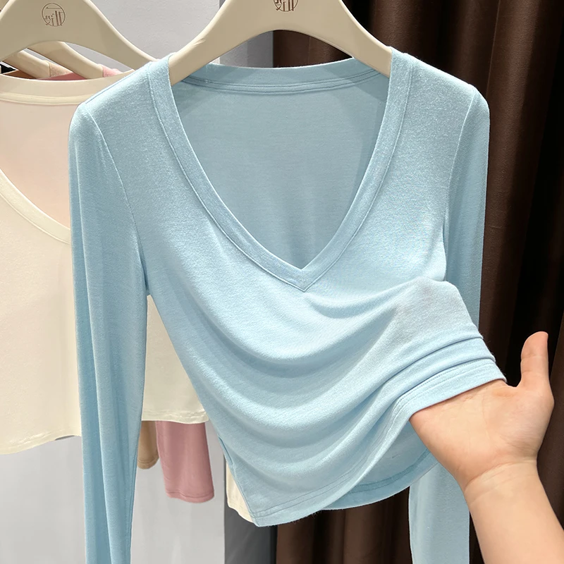 蓝色针织面膜皮肤衣女高级感v领设计低胸打底衫百搭长袖上衣秋款