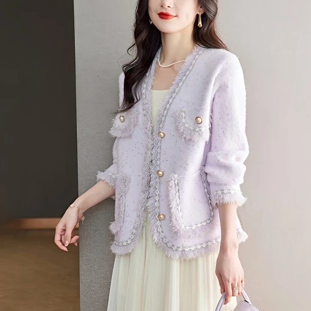 2166-紫兰绒香家世家香风外套V领百搭减龄小香风外套
