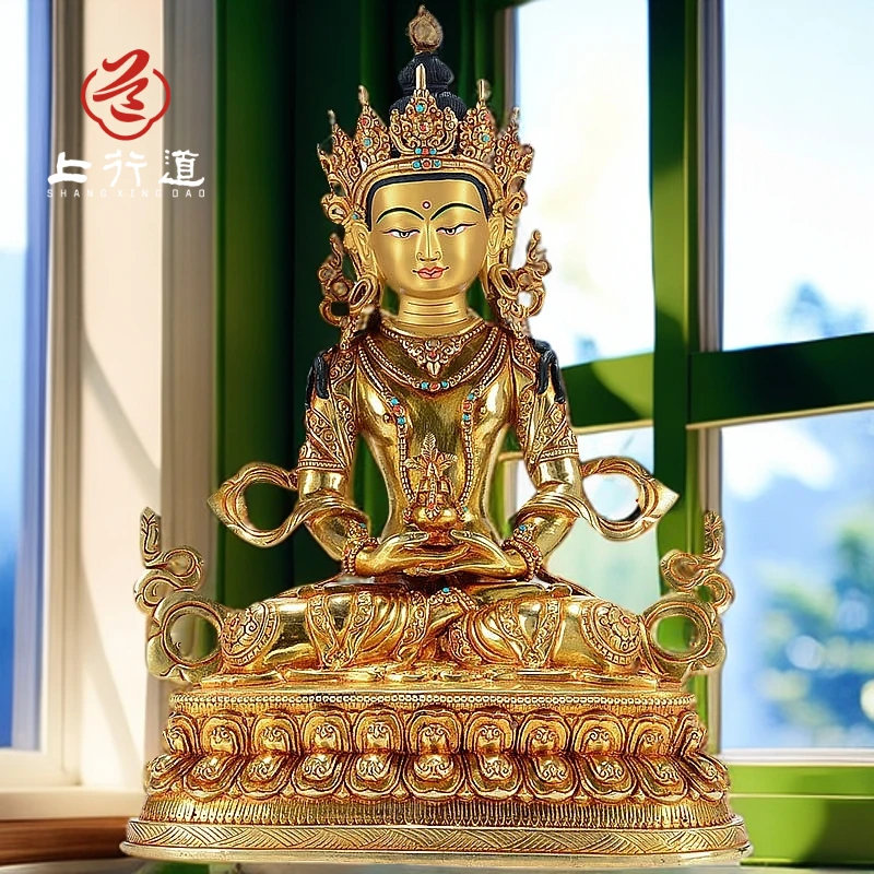 上行道摆件长寿铜像尼泊尔手工铜鎏金藏传密宗佛具无量寿造像10寸