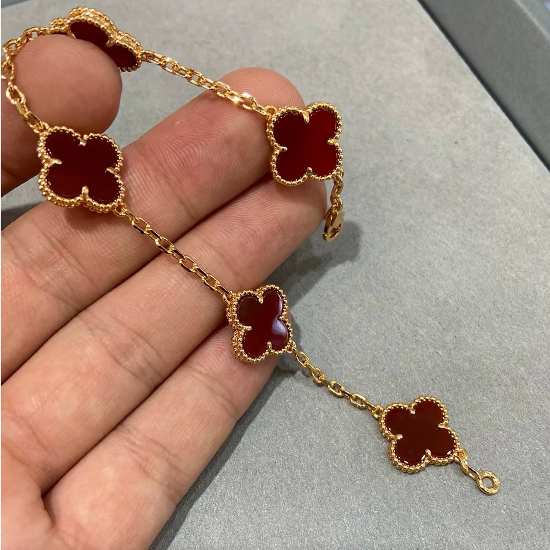 铜合金手链 七夕礼物红五花四叶草真金电镀18k时尚高级感小众设计