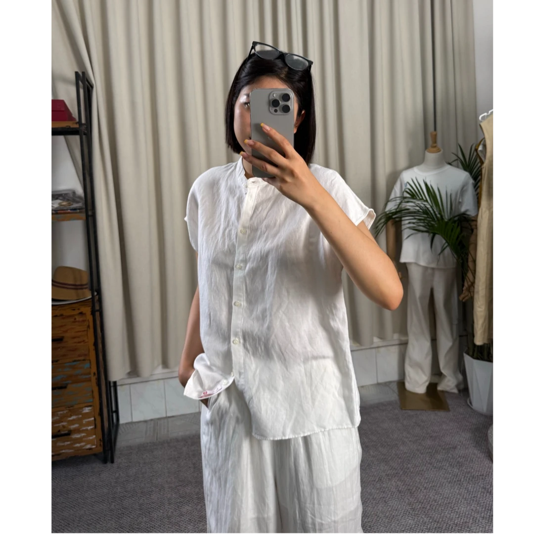 亚麻薄款圆领夏季百搭长款白色休闲衬衫衬衣宽松韩版时尚上衣透气