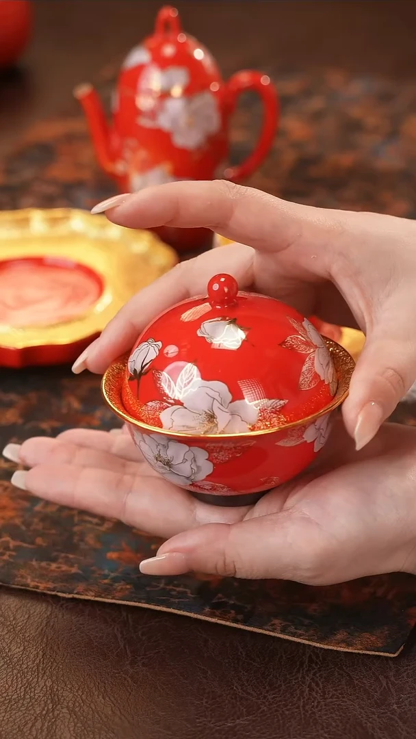 茶杯紫砂【宜景窑中国红鎏金系列】盖碗