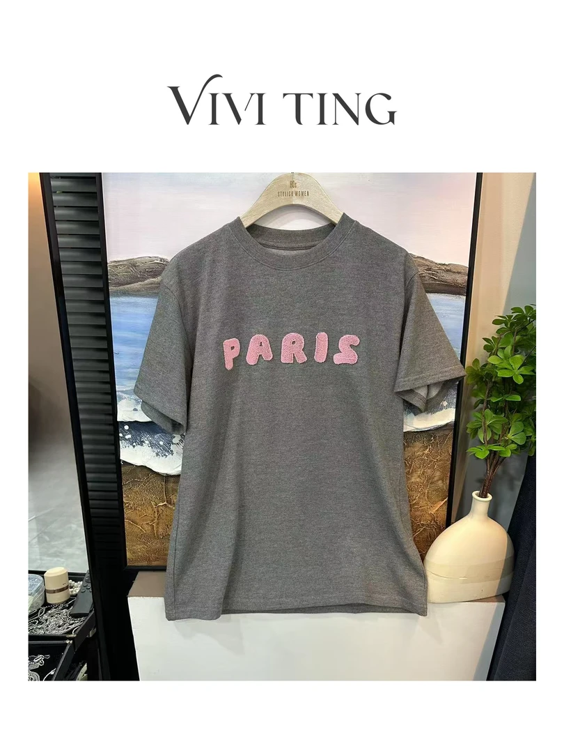 【VIVI·TING】婷姐推荐春装休闲百搭款粉色字母刺绣圆领短袖T恤s59