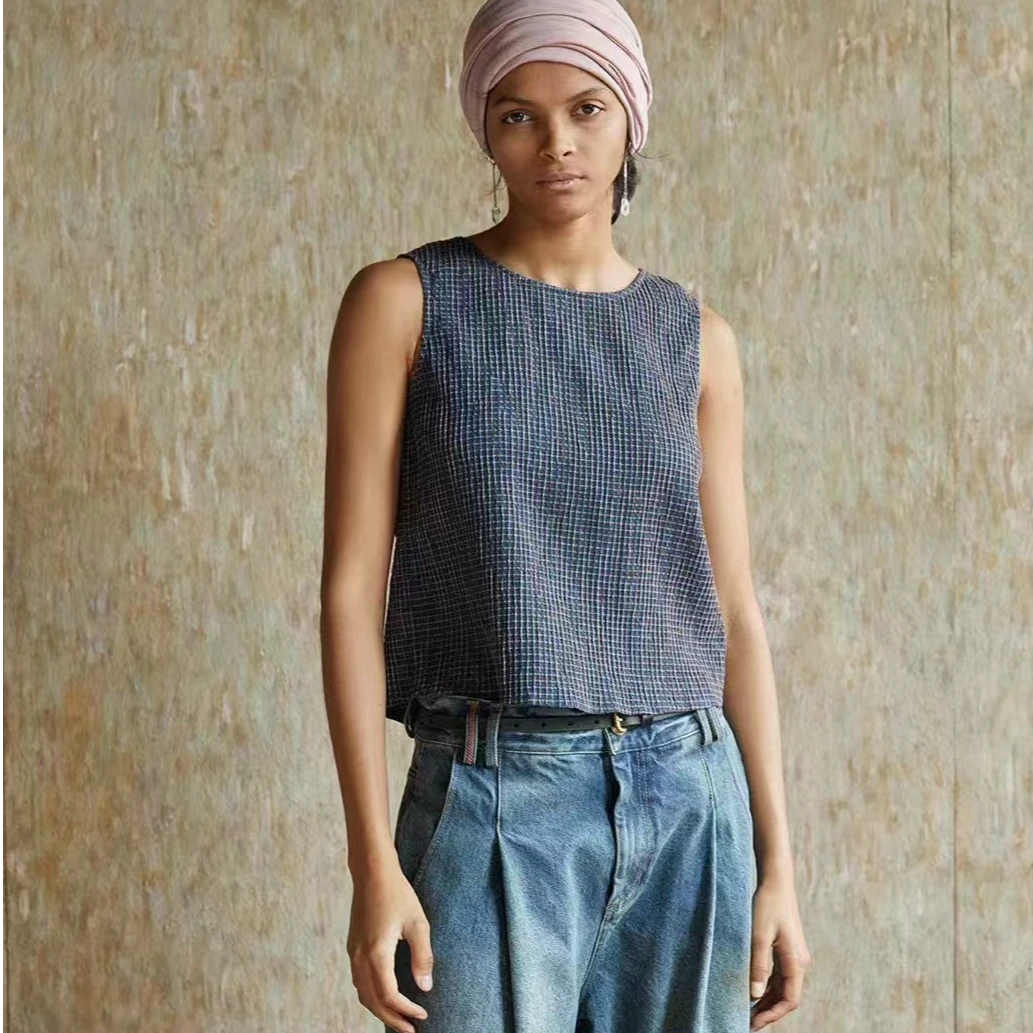 25SS1033纯色上衣T恤时尚女士夏季无袖圆领百搭休闲格子