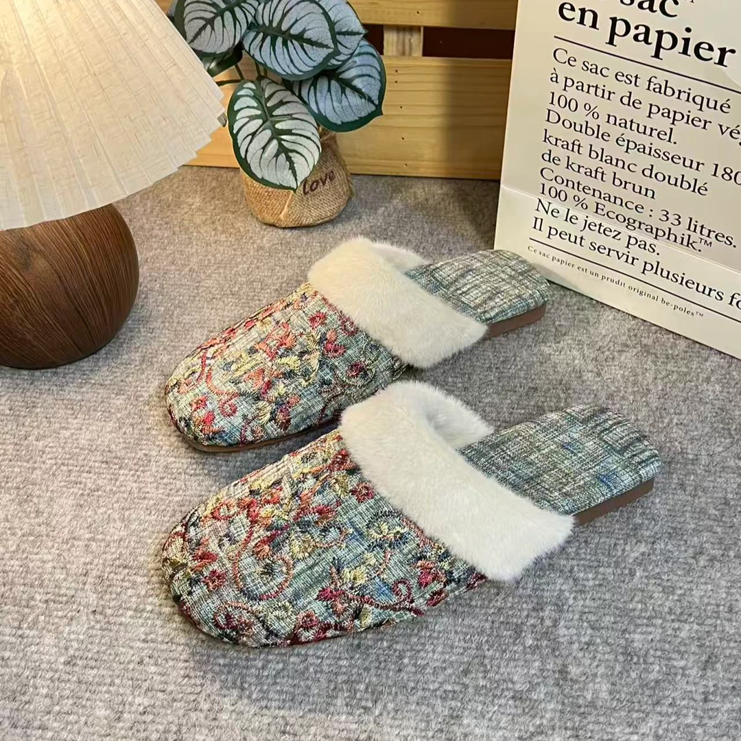 刺绣亚麻提花居家棉拖鞋包头厚底毛毛平底保暖防滑居家外穿617A-1