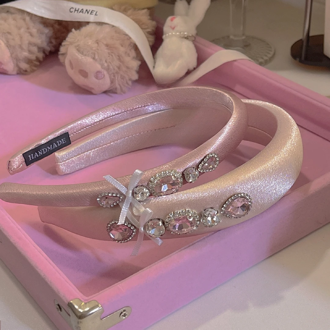 Y小姐高定【茶歇少女】珠光粉色高级缎面海绵蝴蝶结水晶玻璃钻发箍~