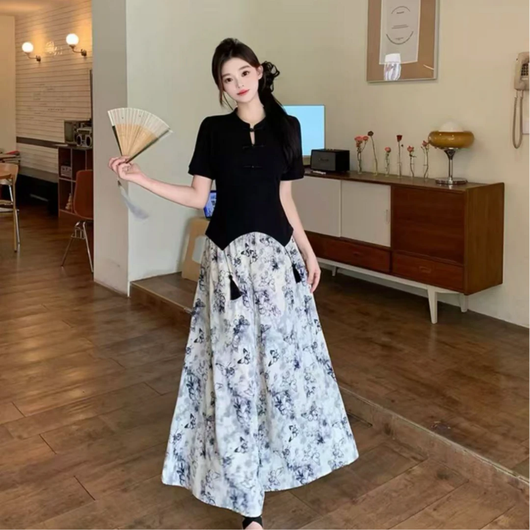 新中式禅意风盘扣流苏短袖上衣+水墨画裤裙