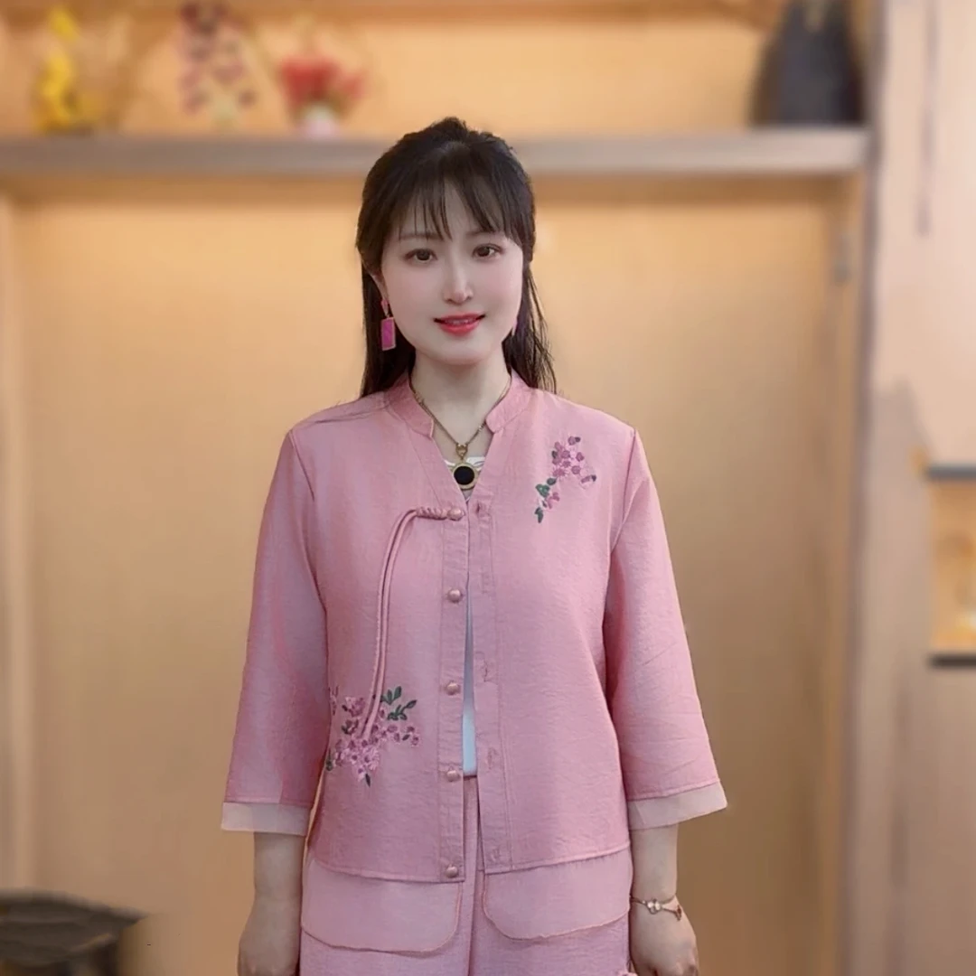 新中式中国风刺绣气质时尚上衣春夏百搭宽松显瘦v领七分袖开衫
