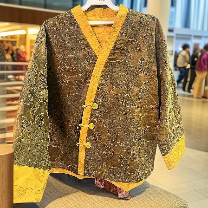 TT2025飞黄腾达金色蚕丝长袖休闲中国风茶服外套24840