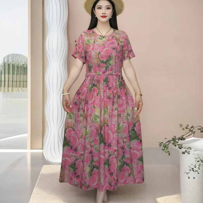 玫瑰花色妈妈装中长款棉绸裙子夏季新款短袖系带大码宽松连衣裙