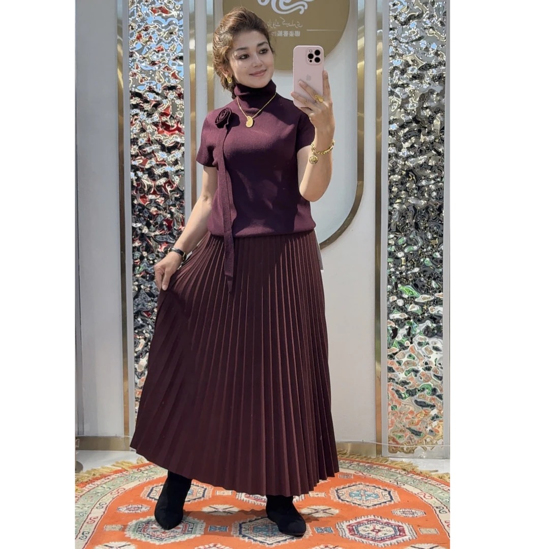 1227短袖百褶裙气质A型网红国风半身裙INS风长裙慵懒风