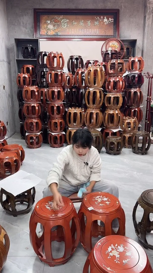 【闪购商品】花梨木类家具花梨色大号印花鼓凳一对22号