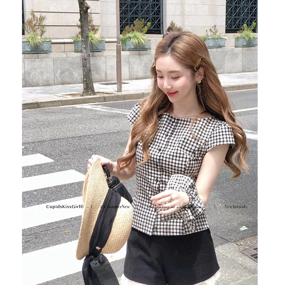 csk丘比特“复古Ms.Kitty”多way格子波点收腰显瘦背心短袖上衣女