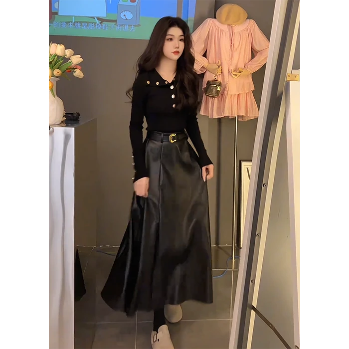 秋季洋气穿搭一整套女2025新款韩系设计感针织上衣pu皮裙两件套潮