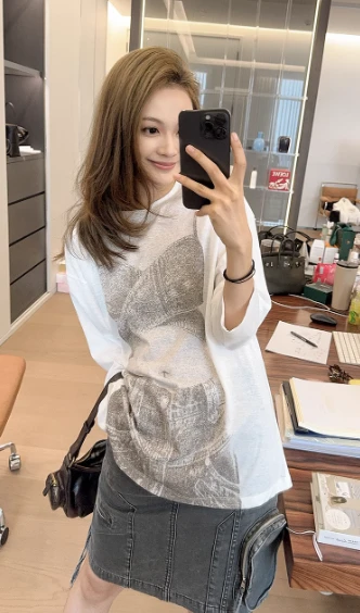 美洋MEIYANG 炫腹T恤 雪花肌理 仿牛仔印花圆领长袖上衣