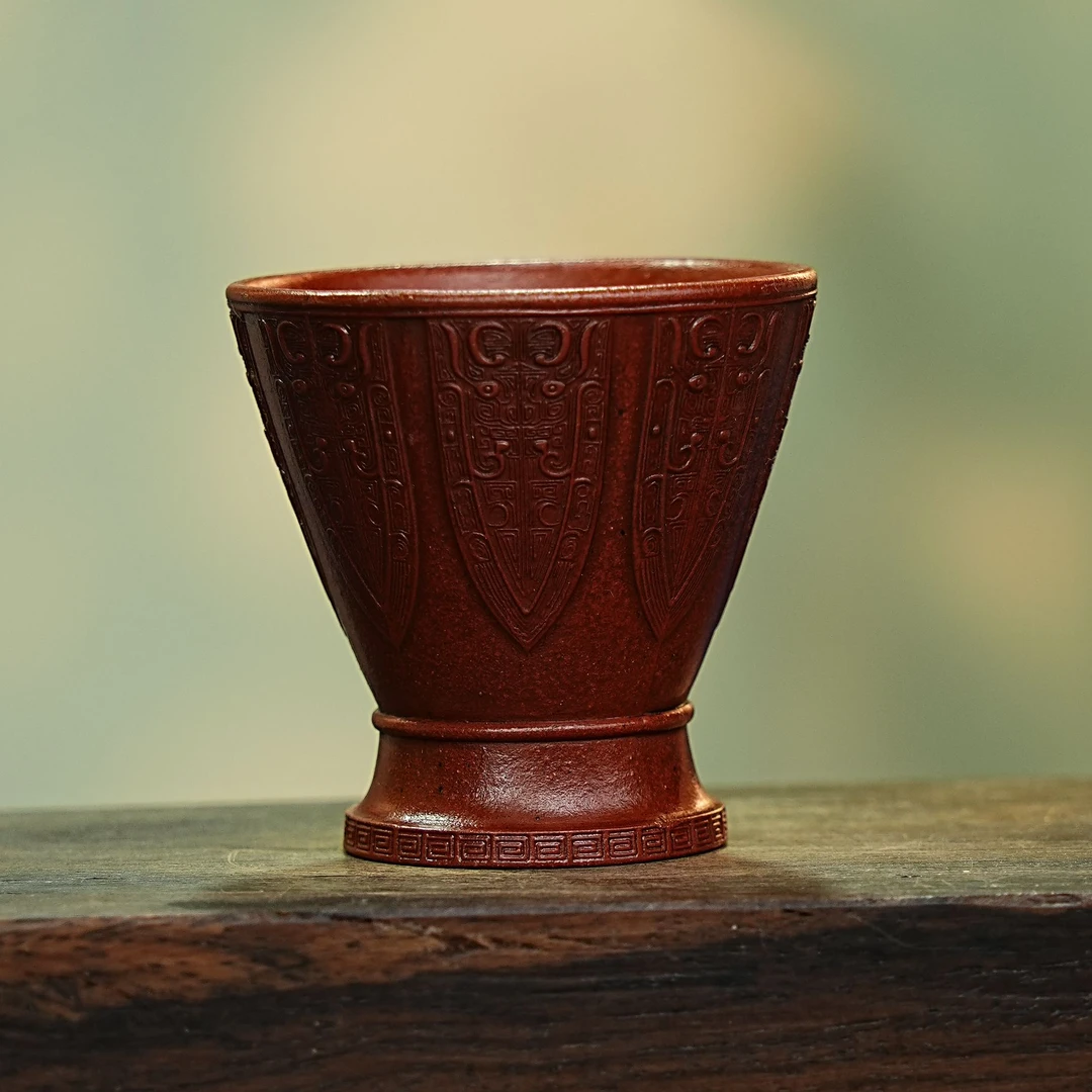 【2246梵莲脚杯】宜兴原矿紫砂柴烧手工刻绘梵莲回纹脚杯