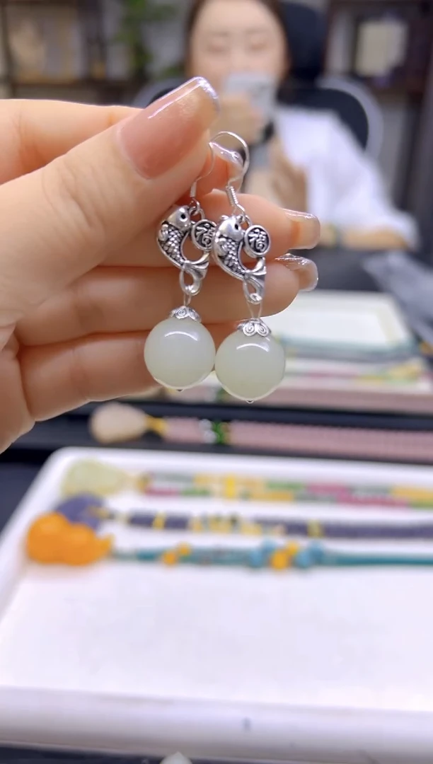 和田玉（白玉）银S925镶嵌耳饰DIY款E783