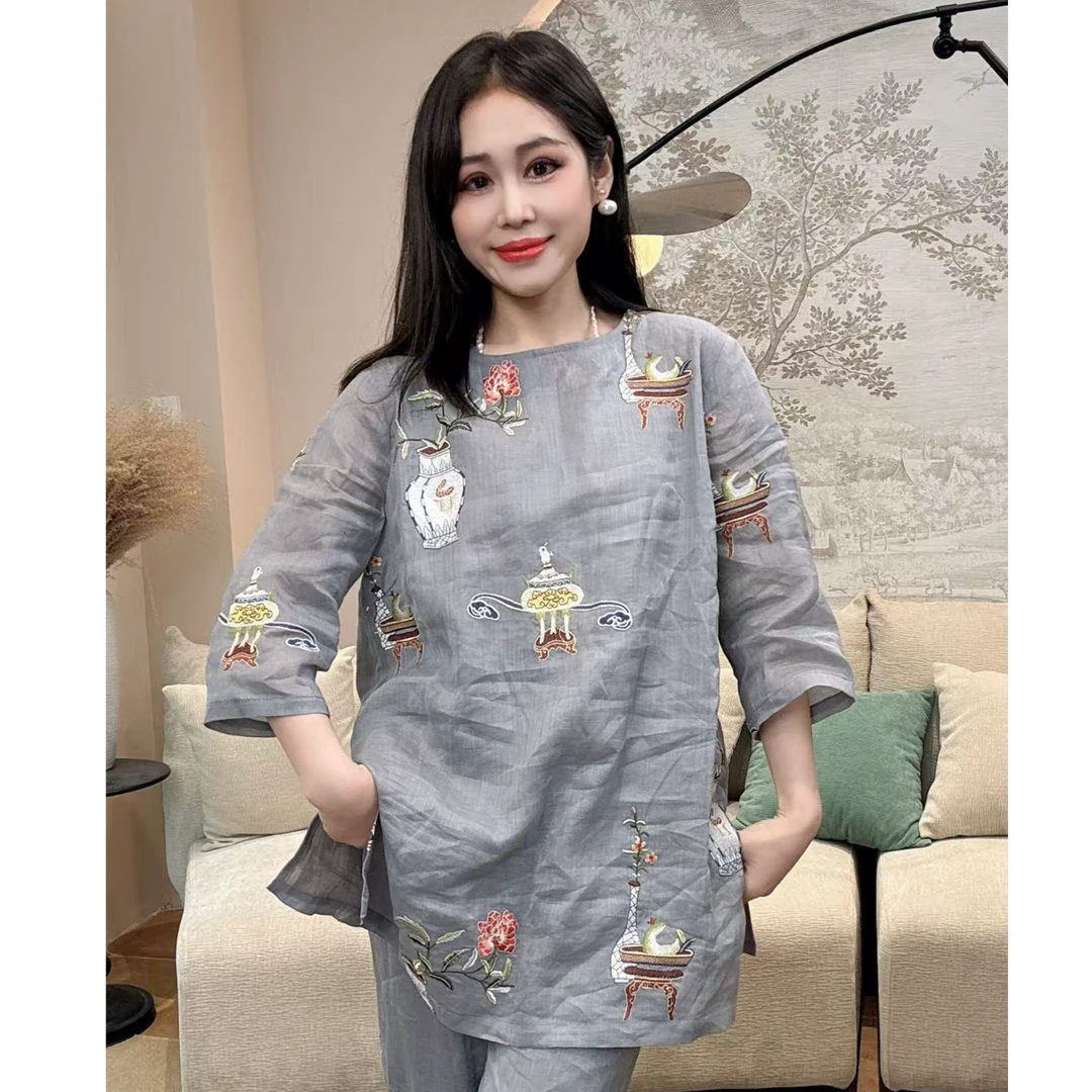 【禾禾家】“宝瓶花" 高端线新中式时尚偏襟麻刺绣外套16903