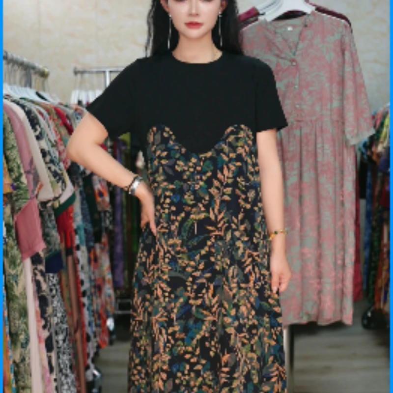 10134-短袖宽松显瘦遮肉时尚气质连衣裙女夏季长款妈妈装【F仓】