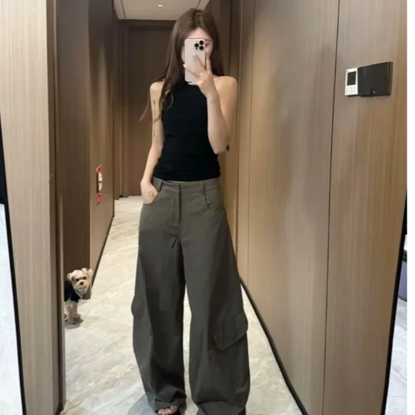 褶皱秋季无弹力工装裤薄款休闲裤阔腿裤痞帅御姐风