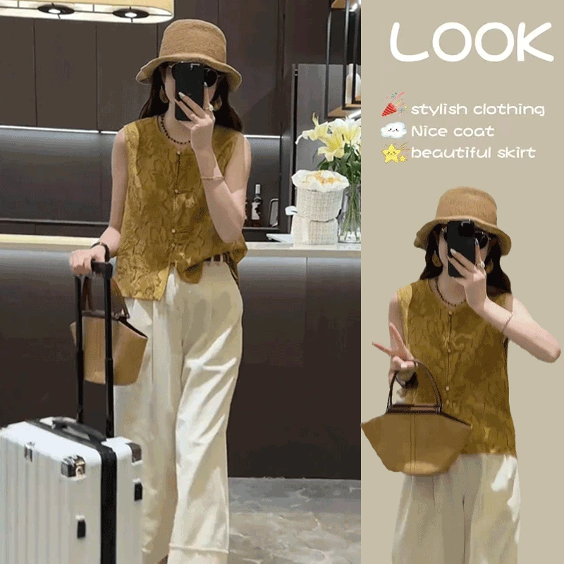 新中式气质无袖马甲女装2025夏季新款国风提花上衣休闲裤两件套