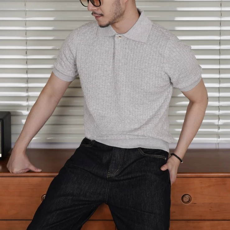 220克老钱休闲男士bv编织针法意式百搭海鸥领T恤Polo衫夏季简约