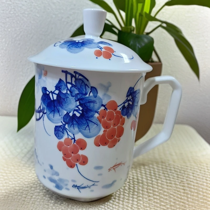景德镇纯手工绘画写意硕果累累办公杯大容量带盖
