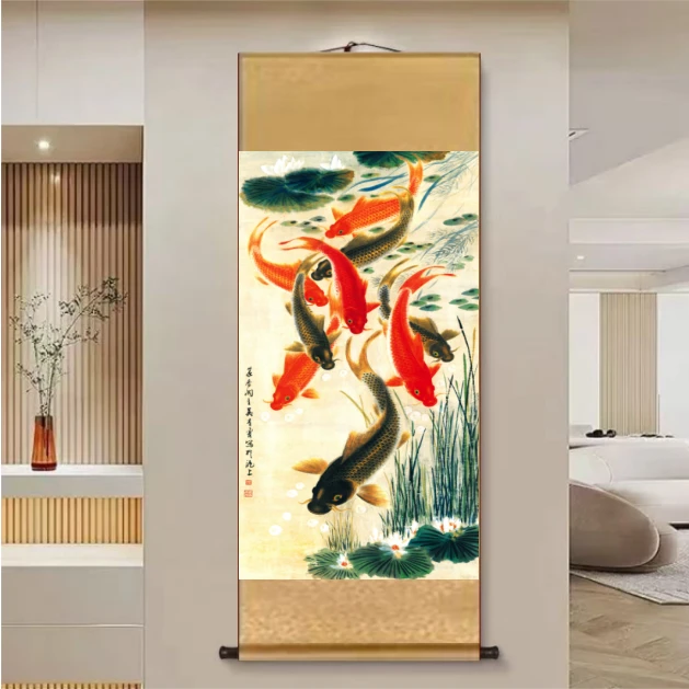 【九鱼献寿】140*45新中式竖幅实木卷轴画客厅书房茶室挂画