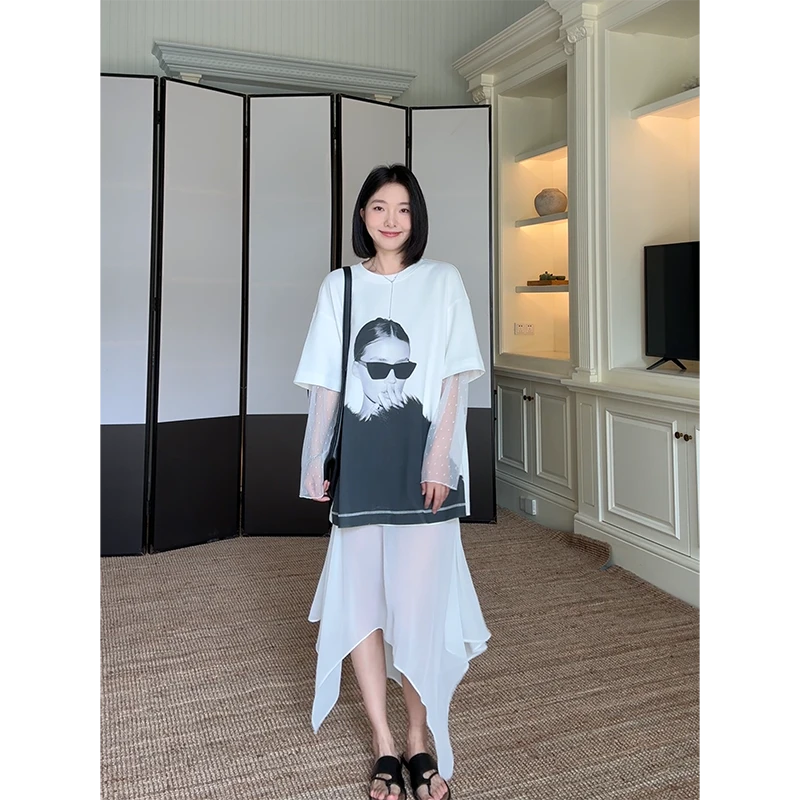 郭九九呢 棉甜酷蕾丝袖拼接假两件t恤不规则拼接半身裙G925A07877