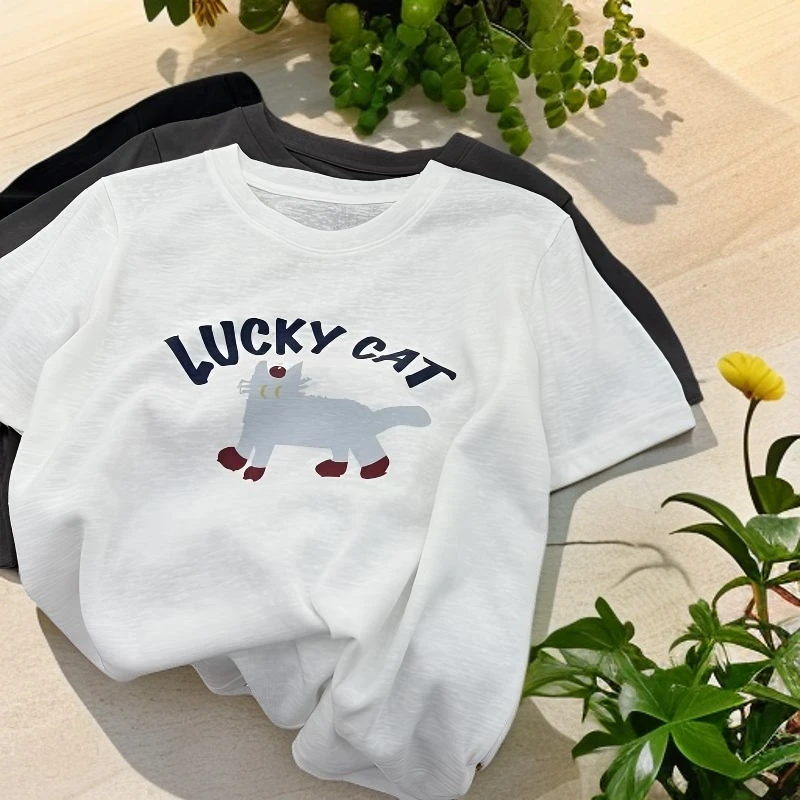 杜拉妮透气舒适感竹节棉白色t恤女夏短袖薄宽松韩版印花圆领上衣