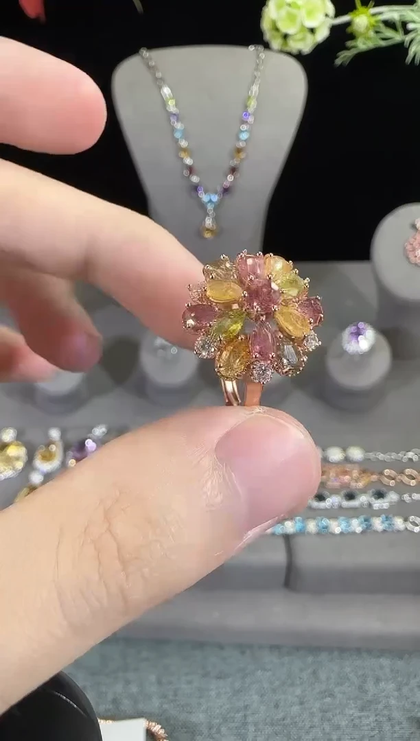 碧玺戒指银S925镶嵌5mm戒指多彩宝多样性发