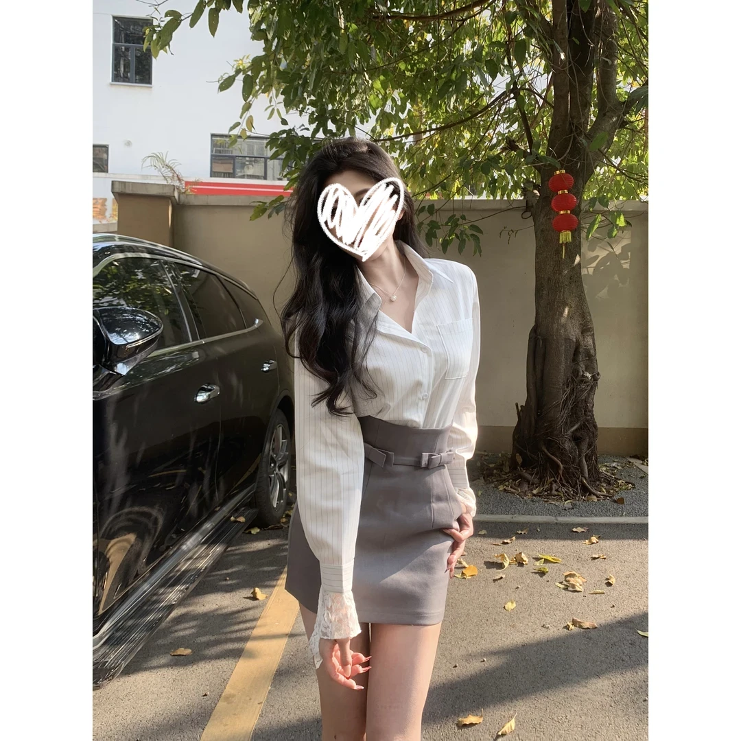 法式时尚套装镂空花翻领假日套装气质包臀上衣轻熟风8200