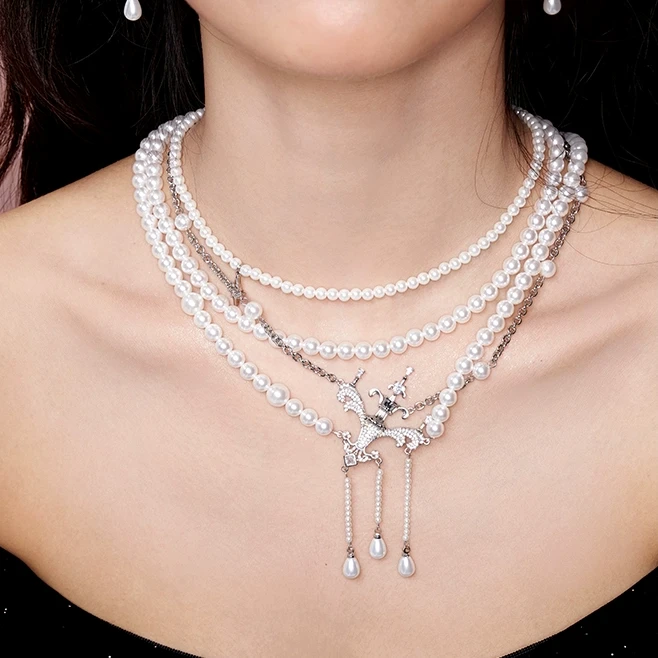 铜合金仿珍珠项链 《星泉》喷泉多层流苏项链轻奢高级感叠戴锁骨链