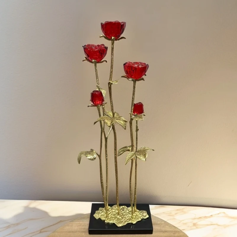 博瑞奇复古黄铜水晶玫瑰摆件纯铜配饰摆件客厅摆放送礼佳品09662