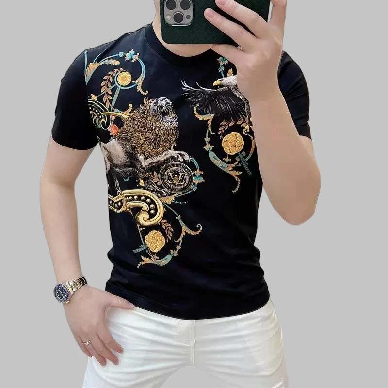 男士高品质T恤2025夏季高端烫钻印花修身圆领潮个性重工休闲短袖